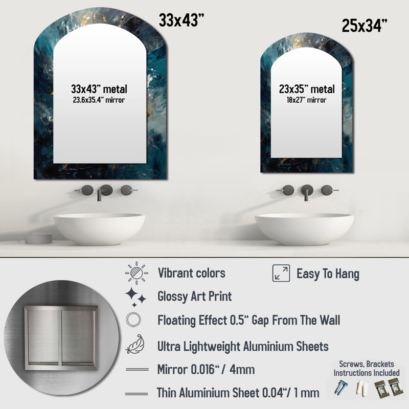 Blue Gold Transcendent Liquid Ink II - Marble Asymmetrical Large Mirror, Modern Arch Decorative Wall Mirror, Printed Metal Art