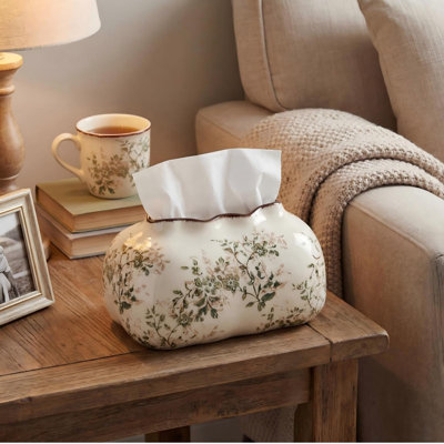 Vintage Floral Ceramic Tissue Box Cover Chinoiserie Decorative Tissue Holder Retro Rustic Farmhouse Home Decor(Green, White)