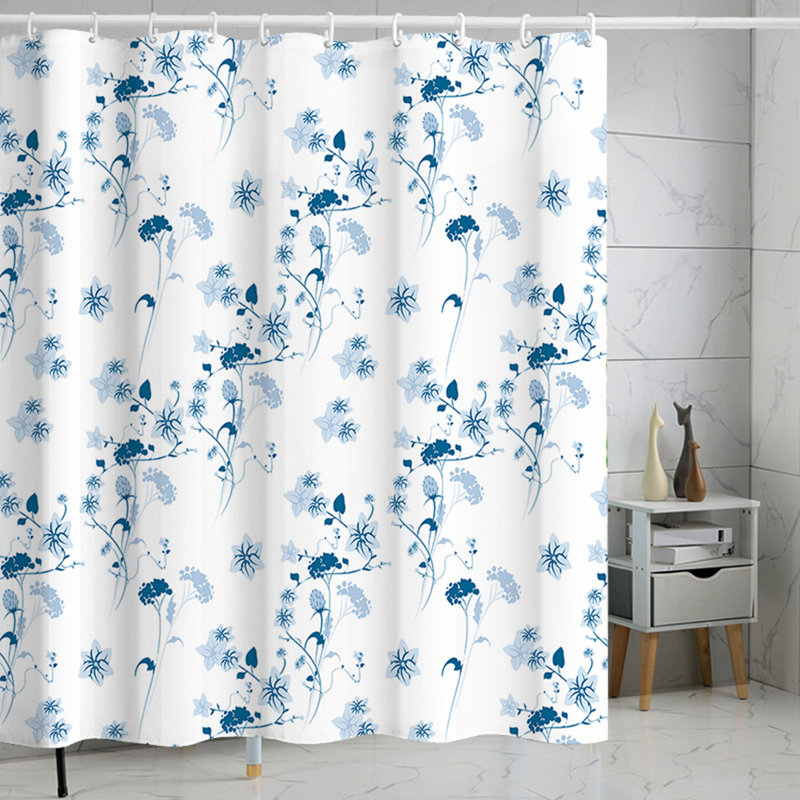 Ensemble de rideaux de douche 72 x 72 po à motif de feuilles et de fleurs en tissu de polyester avec 12 crochets, A4, Bleu