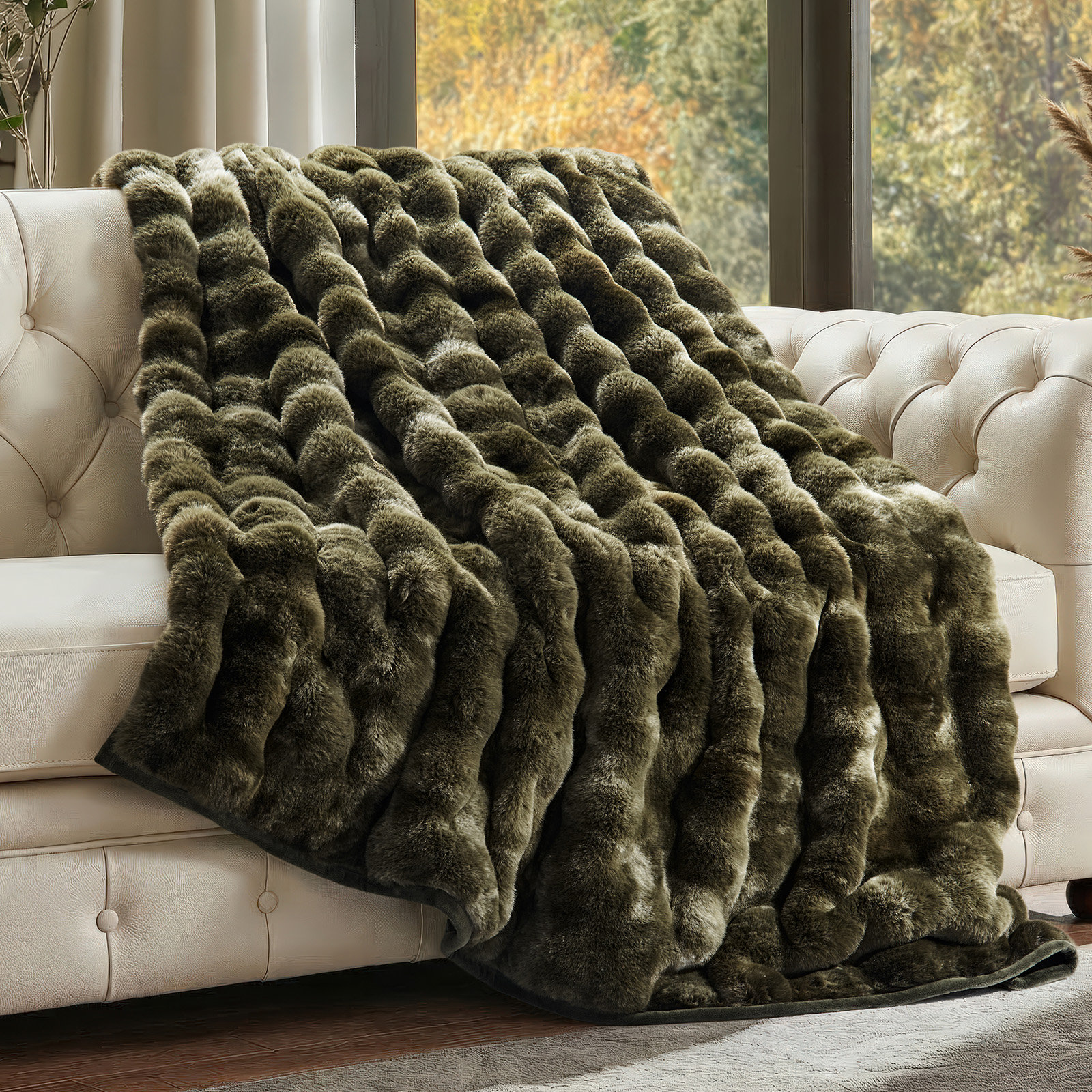 Faux Fur Weighted Throw Blanket, 60" L x 50" W, Olive Marble