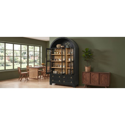 Armoire de rangement K&K de 185 cm de haut, style arqué, avec trois portes vitrées et quatre grands tiroirs, étagères réglables, idéale pour la salle à manger ou la salle de bain, couleur noire.