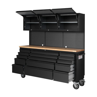 Large Rolling Tool Chest wirh Drawers, 72'' Mobile Tool Storage Cabinet with Workbench & Pegboard, Lockable Wheels, Garage Tool Box Organizer with Anti-Slip Liners for Warehouse, Repair Shop
