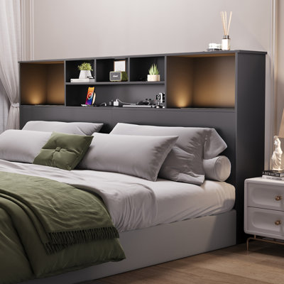Modern Wooden Bookcase Headboard with Adjustable LED Lights and Charging Station – Available in Queen & King Sizes