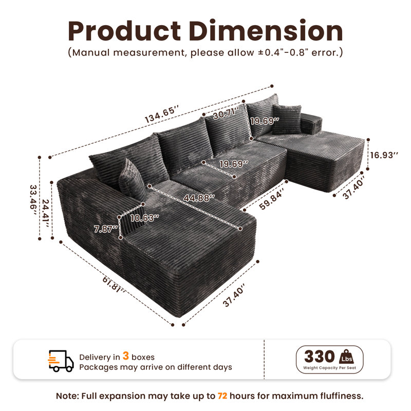 Canapé modulaire en forme de U de 134 po avec méridienne double et canapé rembourré désossé pour le salon ou la chambre à coucher