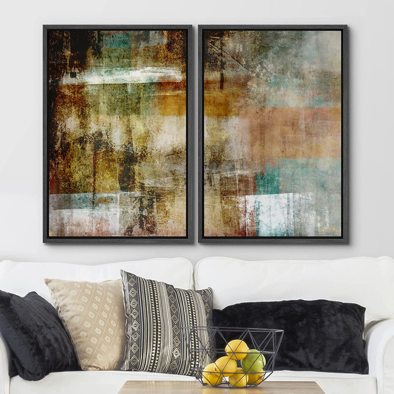 «Grunge Abstract Paint Effect Mid-Century Teal Brown Pastel Stroke», reproduction sur toile 2 pièces