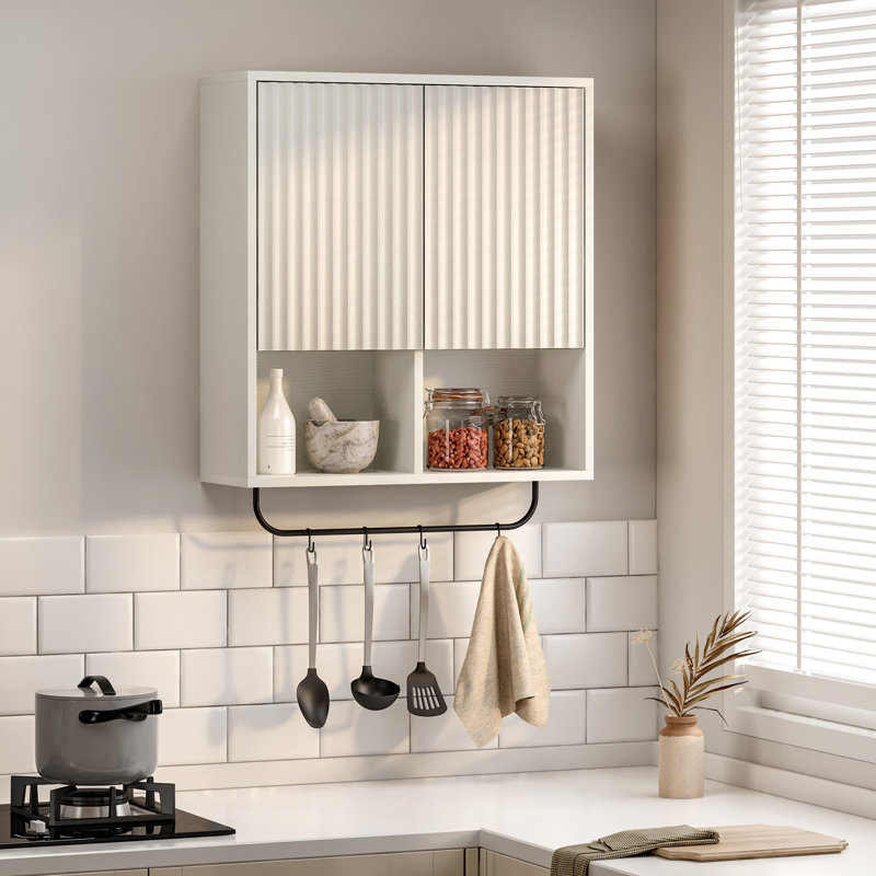 Modern Fluted Bathroom Cabinet, Wall-Mounted Storage With Adjustable Shelf, Floating Design For Laundry & Kitchen, White