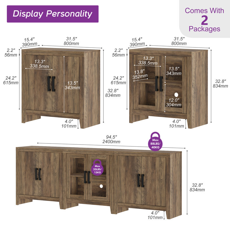 Farmhouse TV Stand For Tvs Up To 85 Inch, 3-Piece Modular Entertainment Center With Glass Media Console For Living Room, Bedroom, Home Theater, Brown