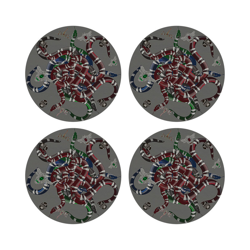 Ouroboros Vegan Leather Round Beaded Placemat, Gray