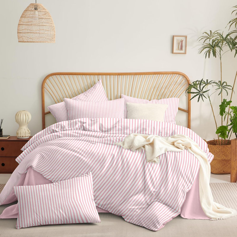 Ensemble de literie pour dortoir à rayures bleues et roses, Housse de couette pour très grand lit et 2 taies, Rose