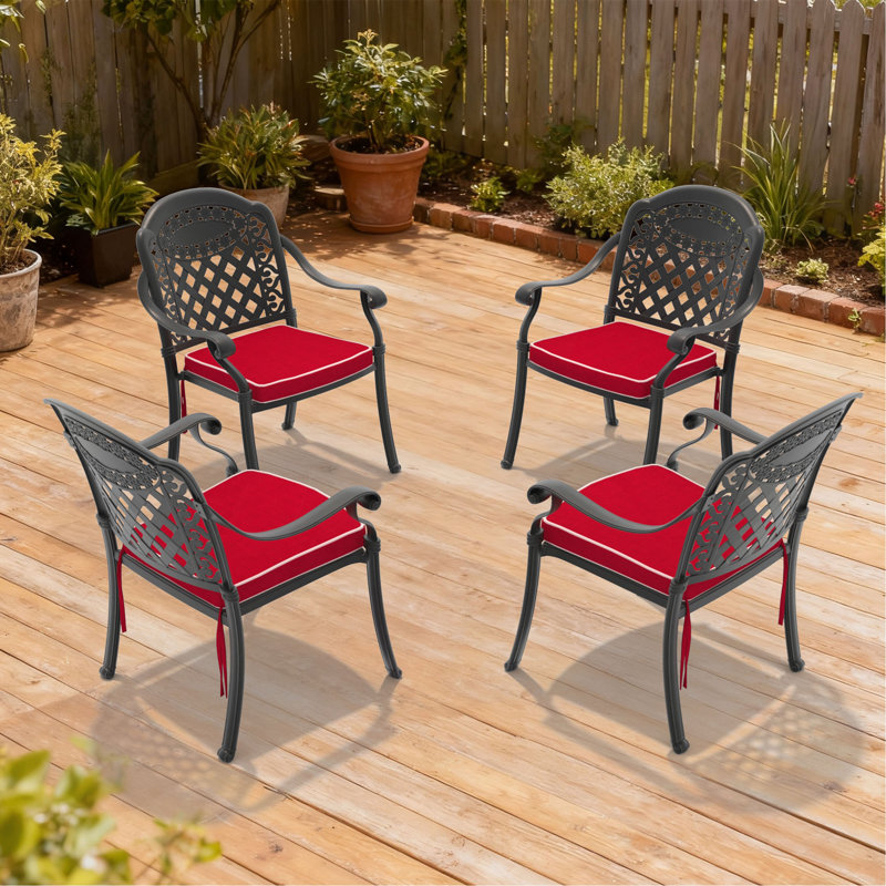 Chaise de patio en fonte d'aluminium 4 pièces avec structure et coussins noirs, 4, Rouge