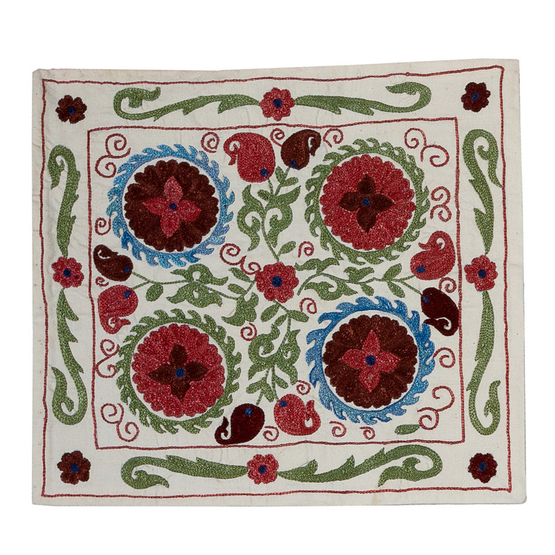 Taie d'oreiller Suzani. Nouvelle housse de coussin en coton et soie brodée à la main. 18 x 19 po