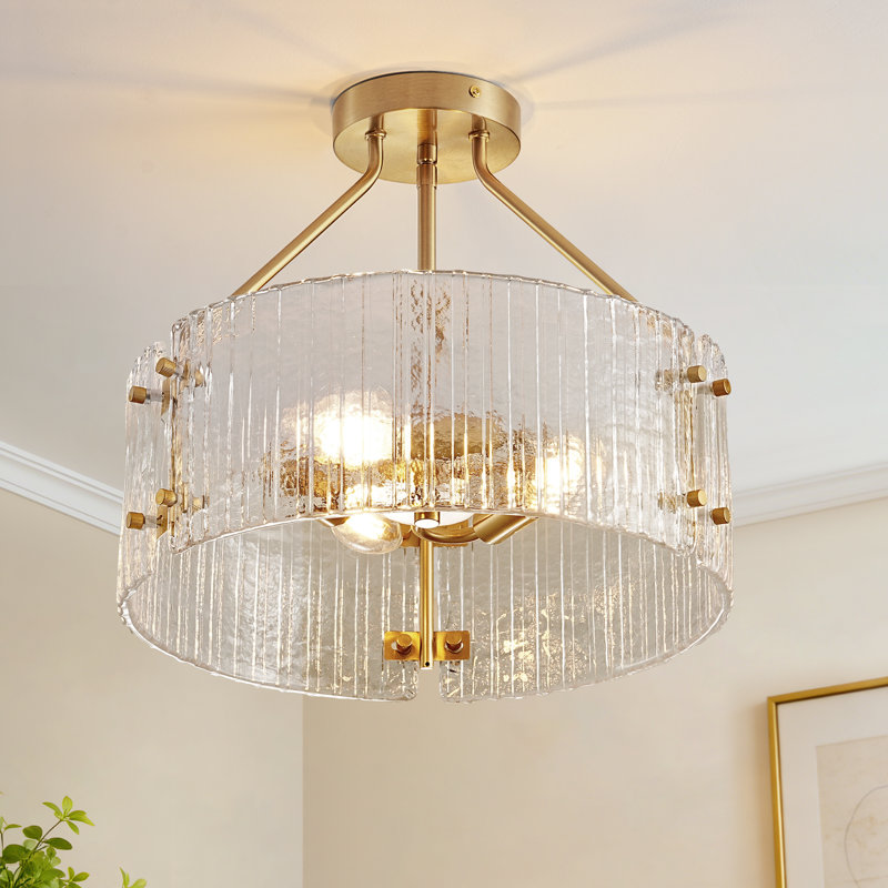 Nicola 16" Modern Drum Semi-Flush Mount Ceiling Light – Gold Frame with Textured Glass Shade for Living Room, Bedroom & Entryway