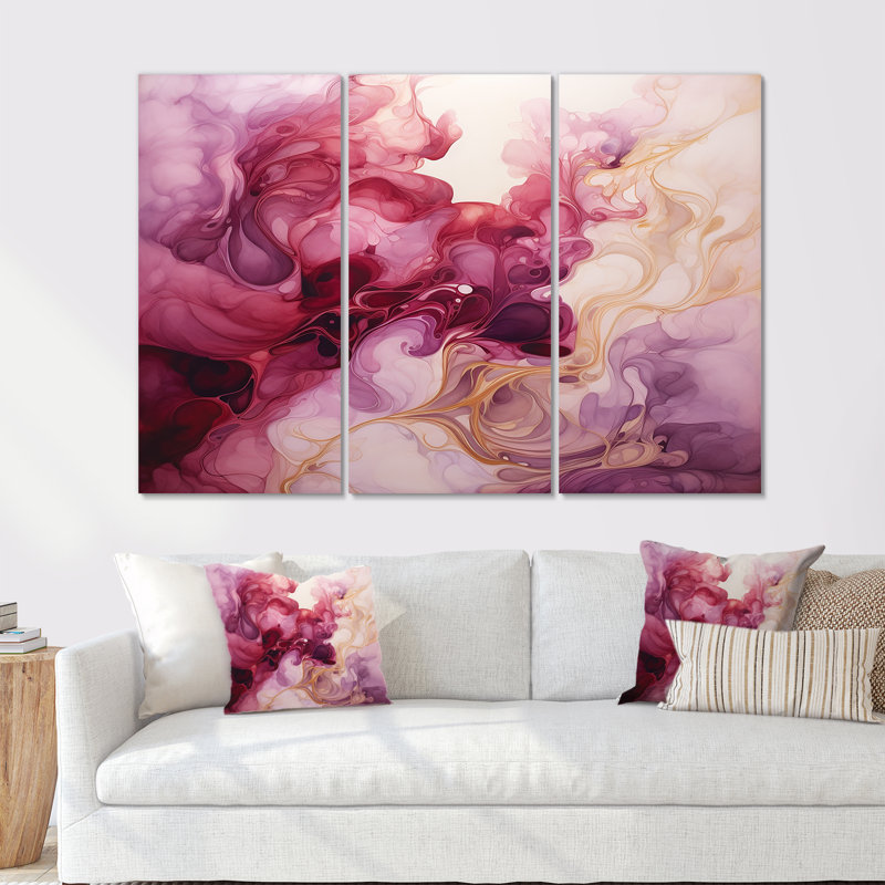 «Blush In Motion Fluid Magenta Clouds», ensemble d'art mural abstrait à encre liquide, H 28 po x l 36 po x P 1 po