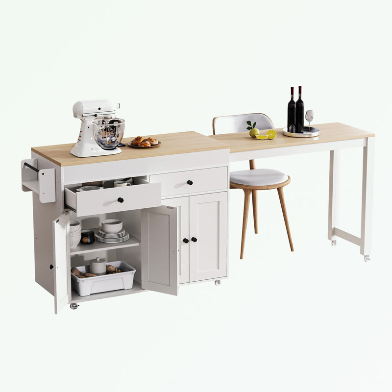 Kitchen Island with Extendable Dining Table, Spice Rack and 2 Drawers, Off White