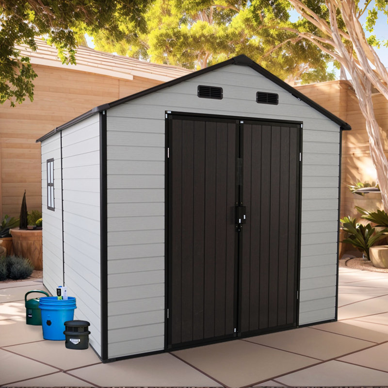 Remise de rangement extérieure en résine 8 x 8 x 7,6 pi, structure en aluminium, plancher et deux fenêtres fixes, garde la cour propre, brun antique + remise blanche de 8 x 8 x 7,6 pi, idéale pour les décorations saisonnières