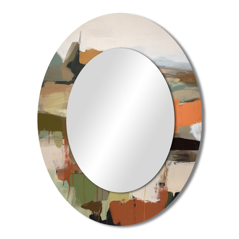 Green And Beige Transcending Reality III - Abstract Oval Decorative Mirror On Metal, 43" x 33"