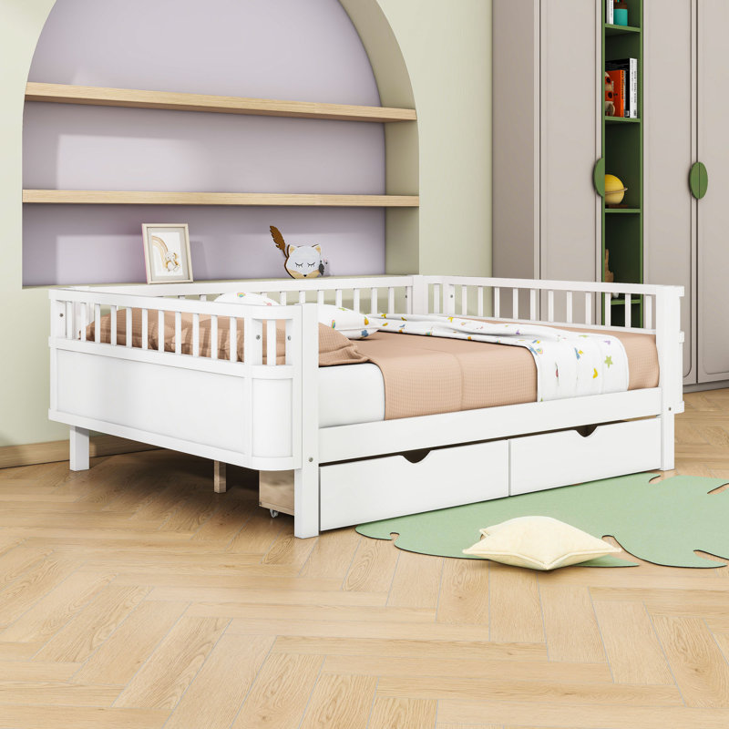 Wood Platform Bed With Rails, Full, White