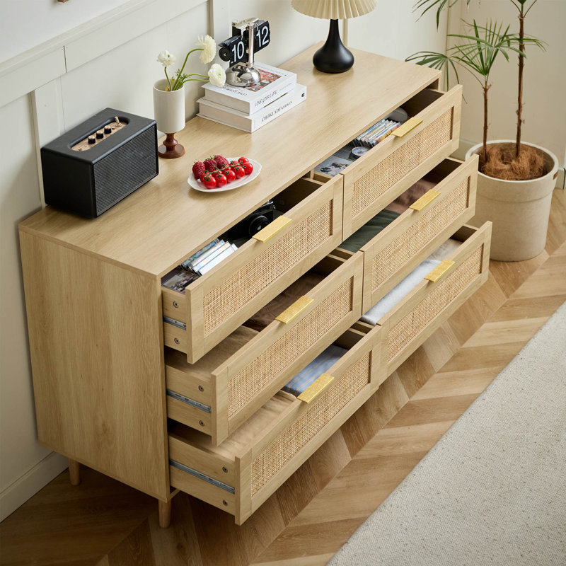 Aimara 51" Rattan 6 Drawer Dresser for Bedroom, Boho Wood Dresser with Gold Handles & Wood Legs, Commode  , Natural