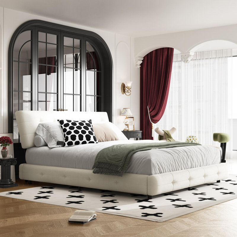Queen Size Bed Frame with Tufted Headboard, Beige/White, Queen