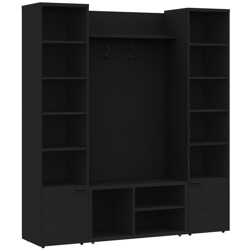 Porto Entryway Wall-Mounted Coat Rack with Shelf with Storage Bench and 2 Storage Towers, Black
