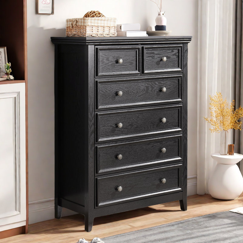 Rajene Faux Wood 6-Drawer Dresser, Black