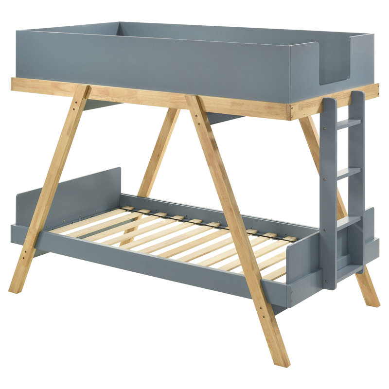 Lit superposé simple Anky, structure en bois, 3 panneaux de sécurité latéraux, Gris / brun