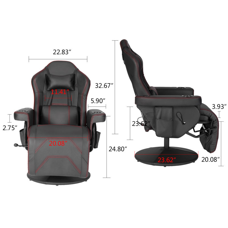 Inbox Zero Adjustable Reclining Ergonomic Swiveling PC & Racing Game Chair with Built-in Speakers and Footrest, Black
