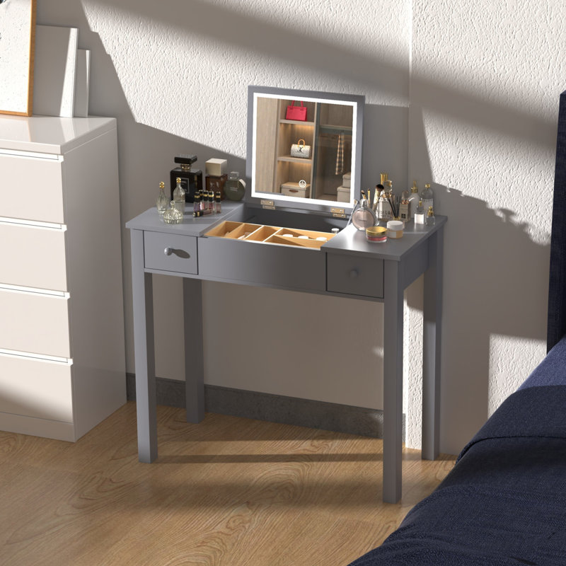 Coiffeuse grise avec lumières à DEL et 2 tiroirs - Miroir rabattable de 3 m, grand espace pour les accessoires et les cosmétiques