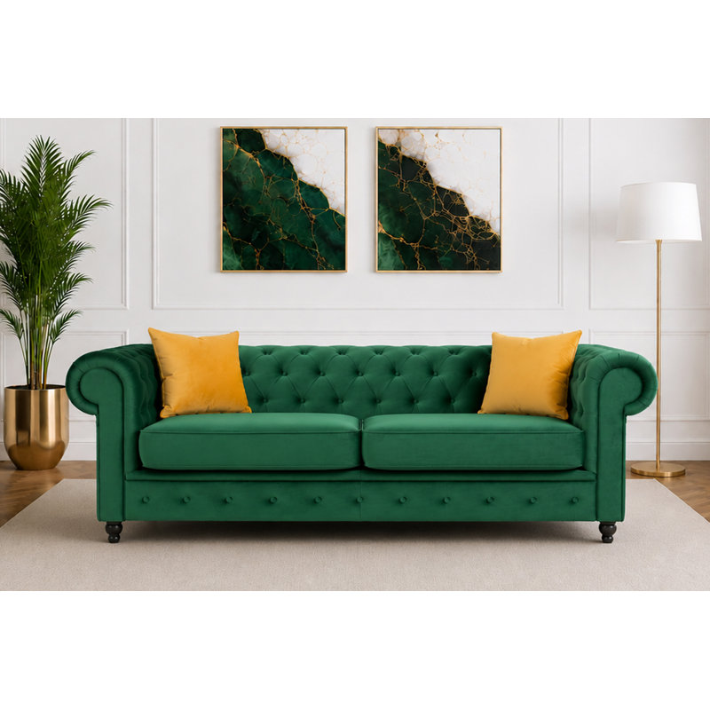 Frances 3 Seater Chesterfield Sofa Velvet, 74cm H x 224cm W x 90cm D, Forest Green