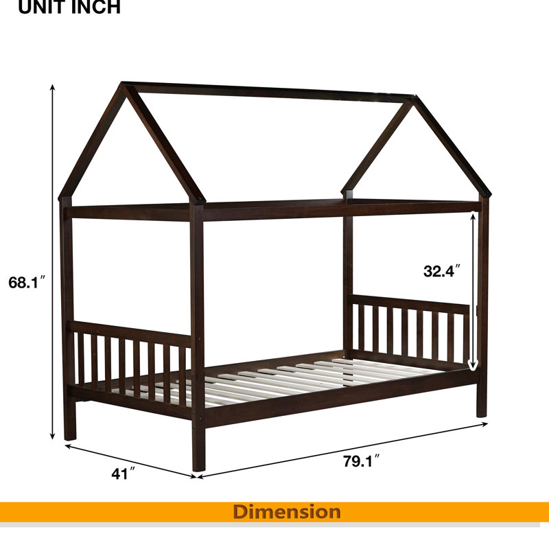 Lit simple avec tête et pied de lit, lit simple en bois d'hévéa avec cadre de maison, Espresso