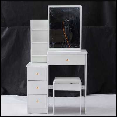 29.2" Small Space Left Bedside Cabinet Vanity Table + Cushioned Stool, Extra Large Right Sliding Mirror, Multi Layer High Capacity Storage, Practical Fashionable Dresser, Suitable For Small Space