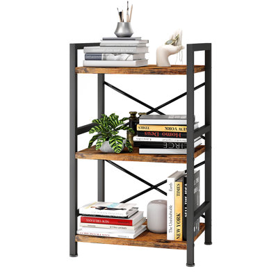 3 Tier Bookshelf, 3 Tier Industrial Bookcase, Metal Small Bookcase, Rustic Etagere Book Shelf Storage Organizer for Living Room, Bedroom, and Home Office(Rustic Brown)