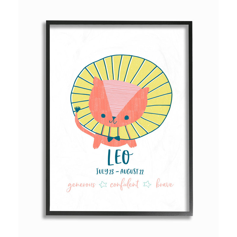 Monographie de zodiaque moderne et amusant, lion, H 14 po x l 11 po x P 1,5 po, Giclée encadrée noir minuit