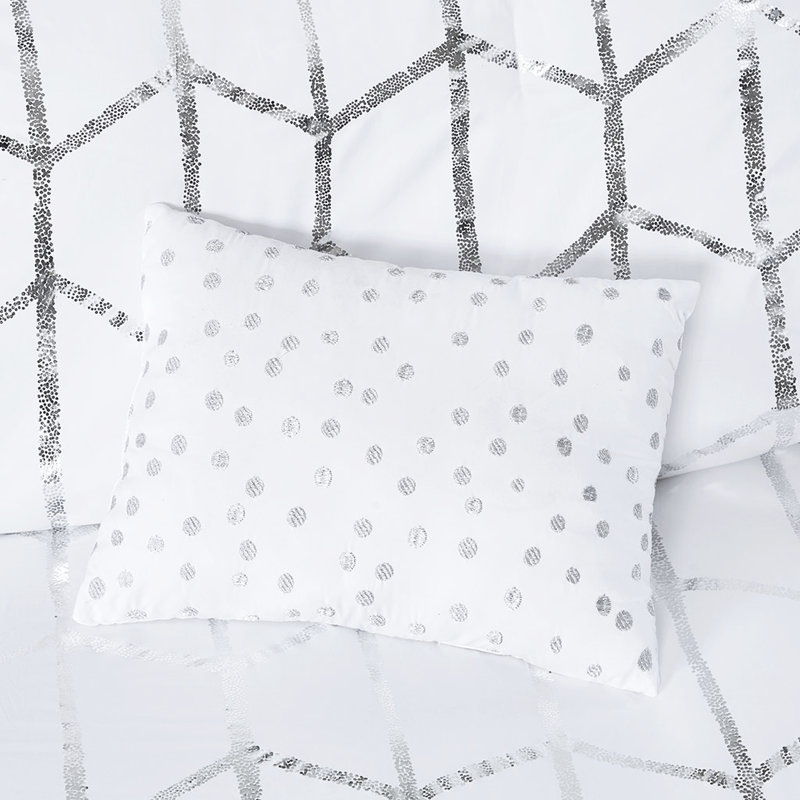 Édredon simple / simple TG - blanc avec imprimé géométrique argenté, microfibre, 2 taies décoratives, coussins décoratifs, durabilité durable, géométrie attrayante, très doux, séchage par culbutage à basse température