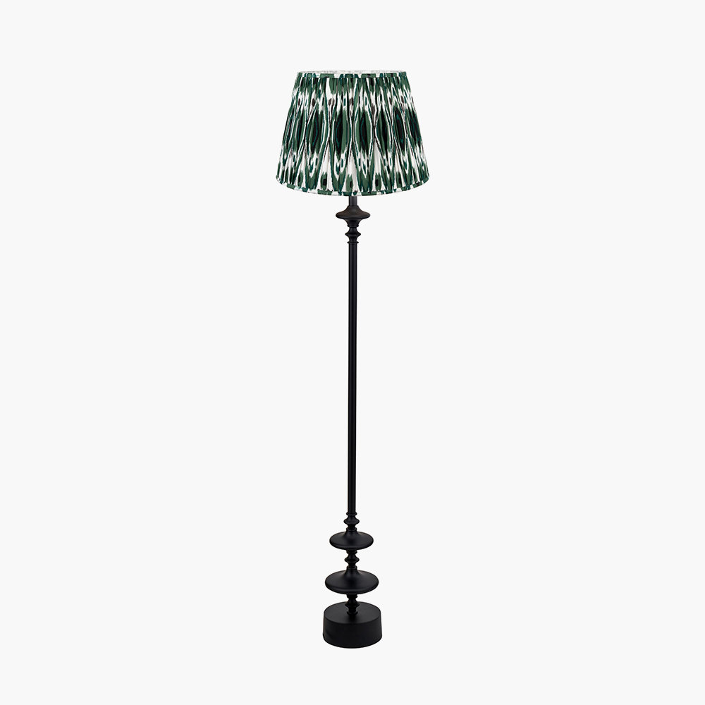 Benil Matt Black Candlestick Floor Lamp Base with Izara 45cm Lilac Ikat Patterned Mushroom Pleat Tapered Lampshade