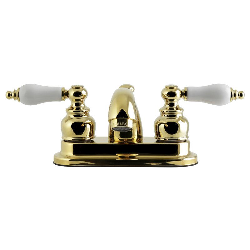 Kingston Brass Vintage Two-Handle 3-Hole Deck Mount 4" Centerset Bathroom Faucet with Plastic Pop-Up, Polished Brass
