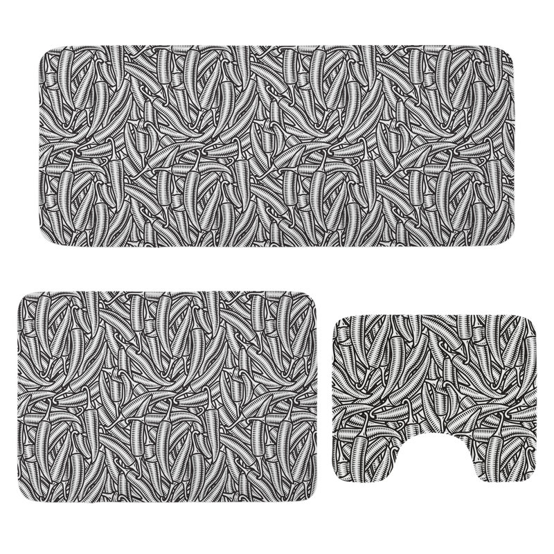  Food Bathroom Rug Set 3 Pieces U-Shape & Rectangle Mats Charcoal Grey and White