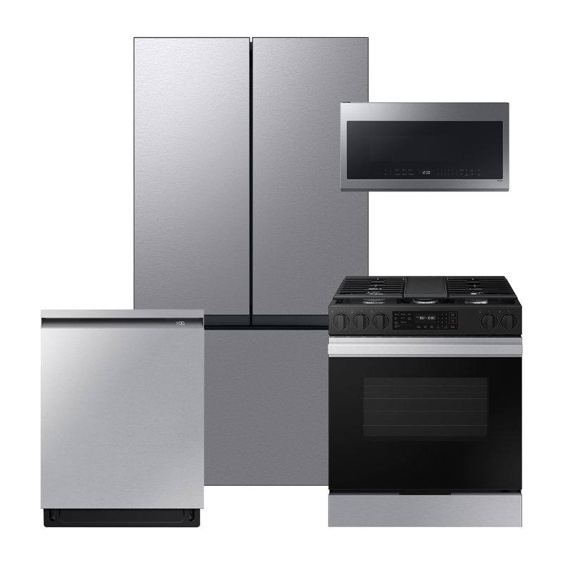 Samsung Bespoke Stainless Steel Counter Depth Kitchen Package with Bespoke Counter Depth 24 cu. ft. 3-Door French Door Refrigerator and Gas Range