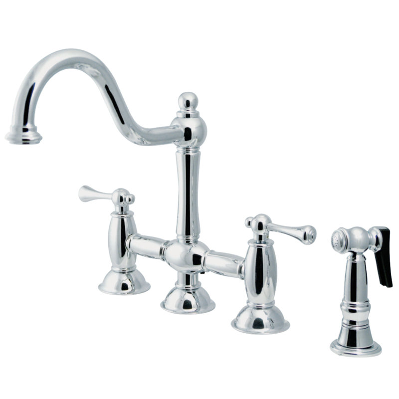 Kingston Brass Restoration Two-Handle 4-Hole Deck Mount Bridge Kitchen Faucet with Brass Side Sprayer, Polished Chrome