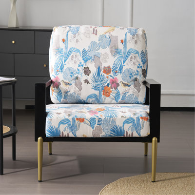 Chaise d'appoint de style rétro avec housse en velours et fauteuil à imprimé floral bleu avec pieds dorés et coussins en mousse pour les espaces de vie