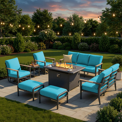 9-Person Aluminum Outdoor Patio Conversation Set With Propane Fire Pit Table, Swivel Rocking Chairs, Wood-Look Armrests & 5.12" Thick Cushions