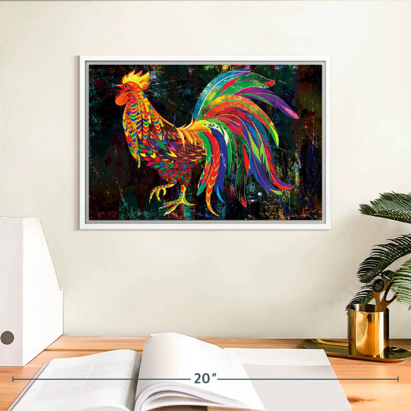 Multicoloured Abstract Rooster, Floating Frame White, 13" X 9"