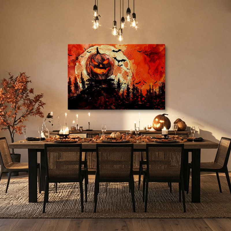Tableau aquarelle d'Halloween avec des chauves-souris et des citrouilles, sur toile 2D - Décoration des fêtes 81 x 61 cm