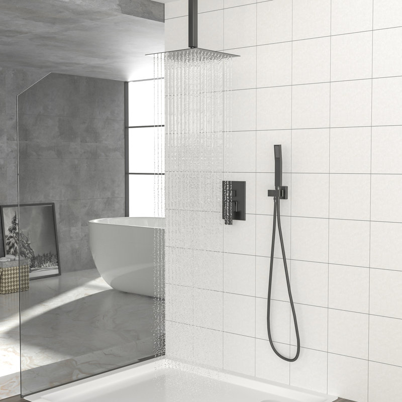 10 Inch Square Matte Black Dual Function Ceiling Mounted Shower System With - Scald Valve, Easy To Clean Nozzle, And Handheld Spray Mount Heads, Finish, Balanced Rainfall Pattern, Cleaning