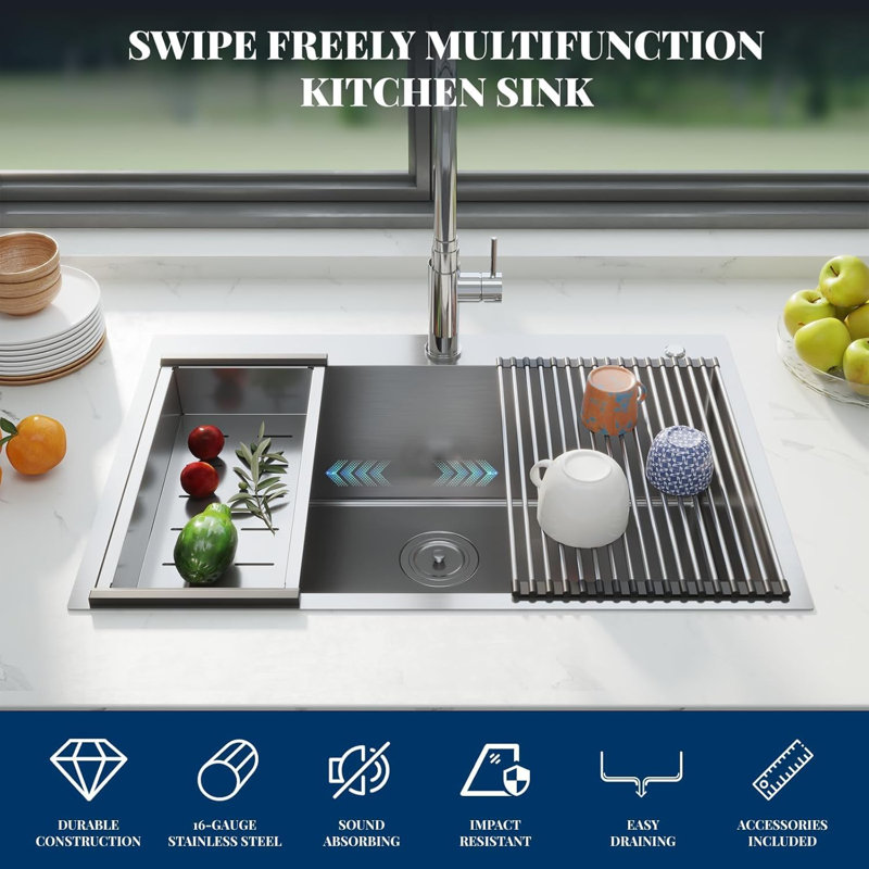 Topmount Single Bowl Kitchen Sink, Brushed Stainless Steel with Drain & Protective Grid, No Ledge, Heavy-Duty for Family Kitchens
