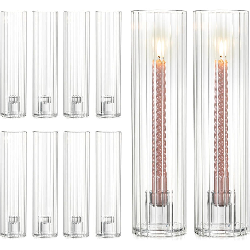 Bulk Glass Hurricane Candle Holders Set Of 10 - Ribbed Taper Candlestick Holders For Wedding Centerpiece, Holiday Table Decor, And Special Events - Windproof Design With Sturdy Glass Base