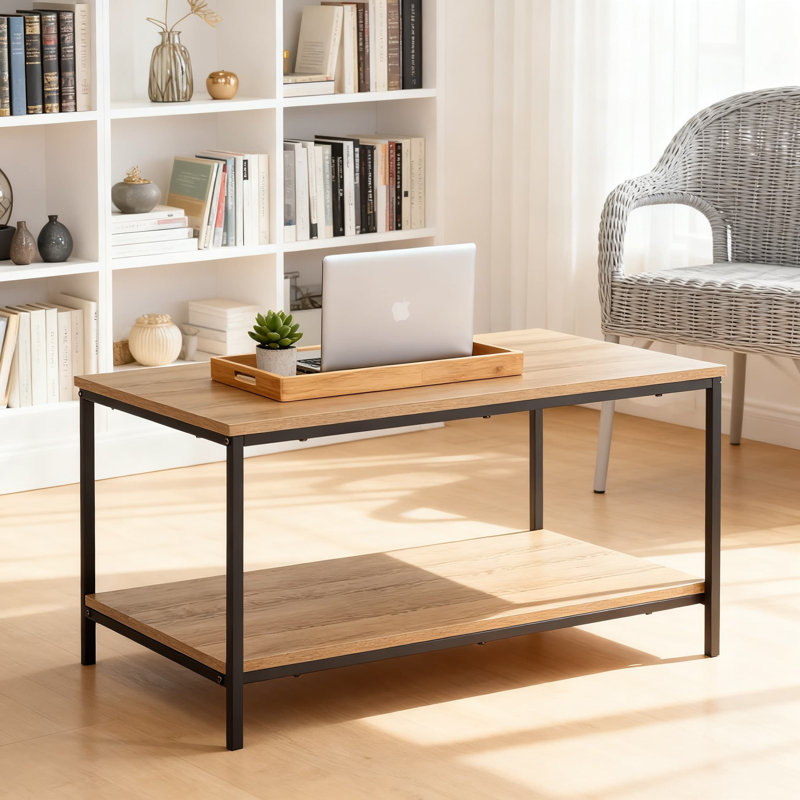 Table basse rectangulaire en bois avec tablette inférieure, table de salon moderne à deux niveaux avec construction durable et conception peu encombrante