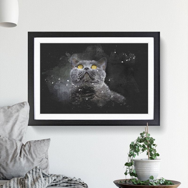 British Shorthair Cat In The Shadows Paint Splash - Picture Frame Graphic Art, Black Framed, 62cm H x 87cm W x 2cm D