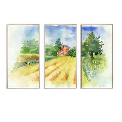 " Field And Cows With House " 3 - Pieces Painting Print