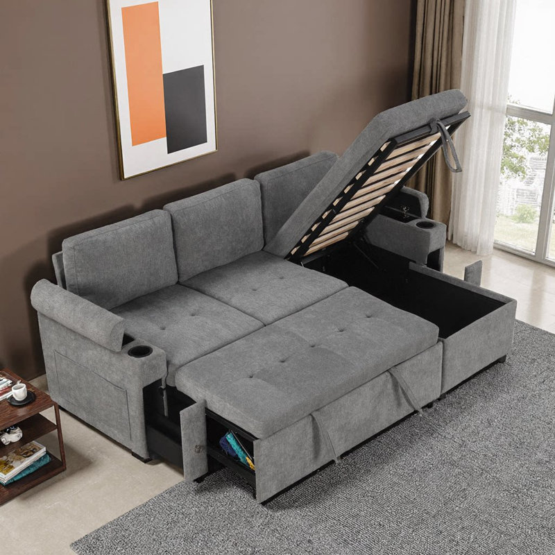 83.5" Beige L-Shaped Convertible Sofa Bed with Reversible Chaise, Storage, USB Ports & Cup Holders, Gray